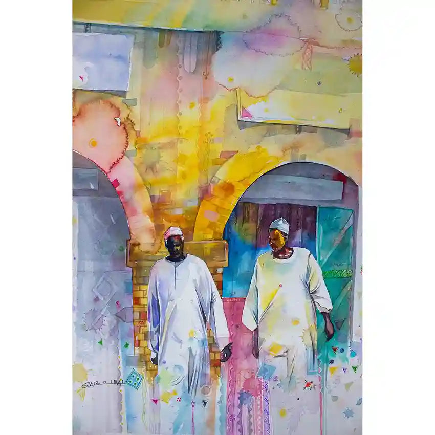 Colorful art print of two Sudanese men walking under a yellow archway. by Galal Yousif, in UAE, shop now