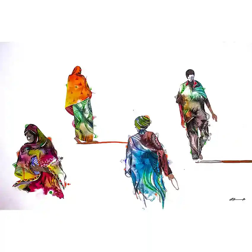 Colorful abstract figures on a white background, Art print by visual Sudanese Artist Galal Yousif, available in UAE