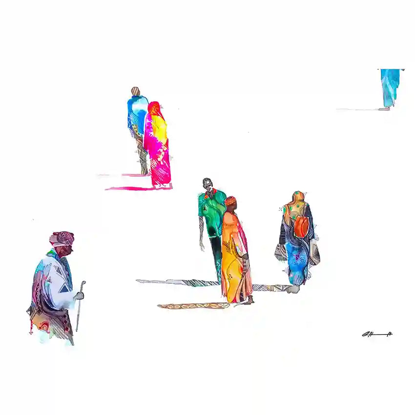 Colorful abstract people walking on a white background, art print by visual Sudanese Artist Galal Yousif, in UAE