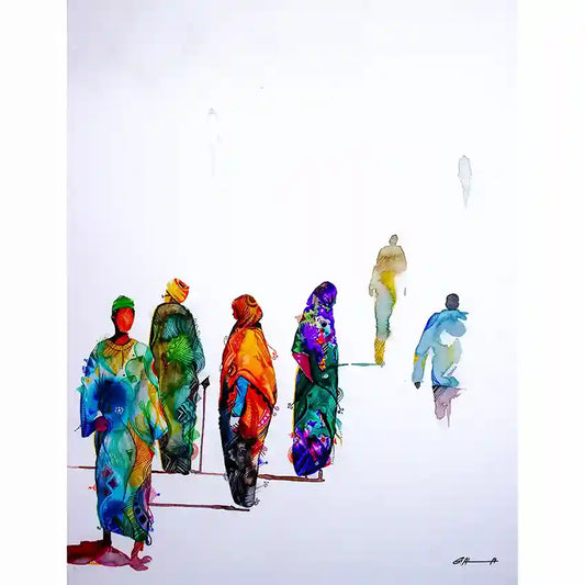 Colorful abstract painting of people walking in grey background, an art print by visual Sudanese artist Galal Yousif, in UAE