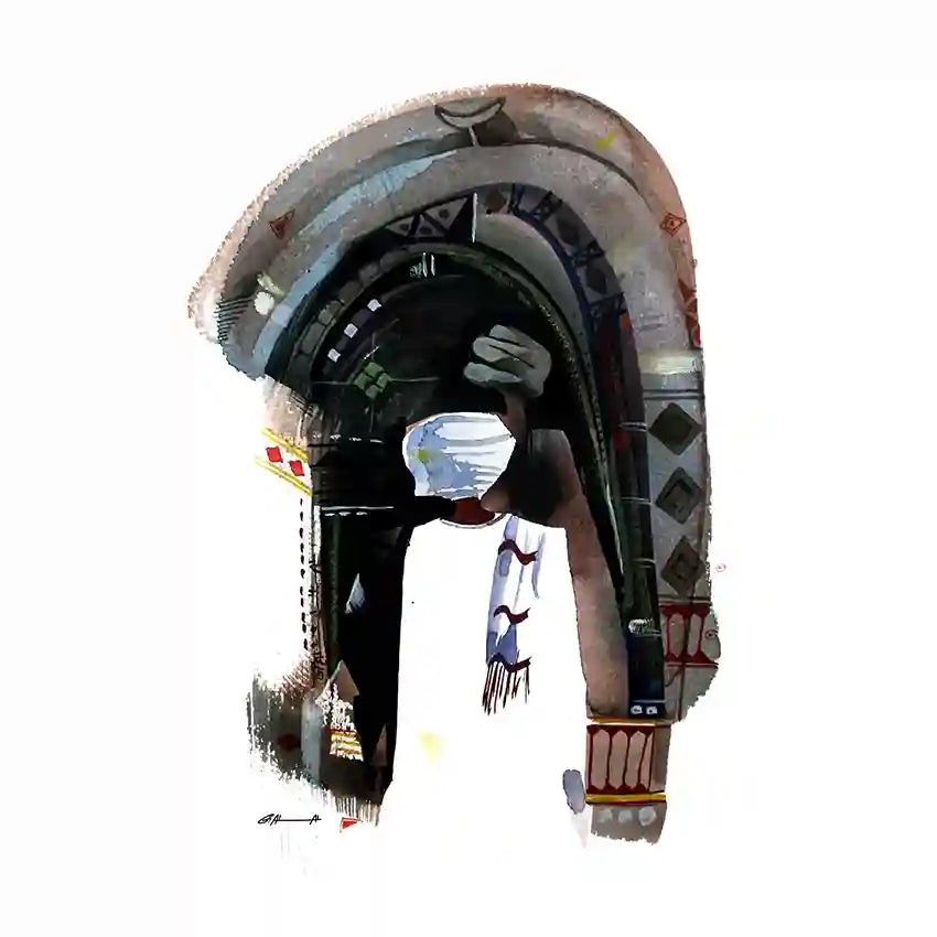 art print of 2 Sudanese men wearing national gown in dark arch ally, by visual artist Galal Yousif, i UAE