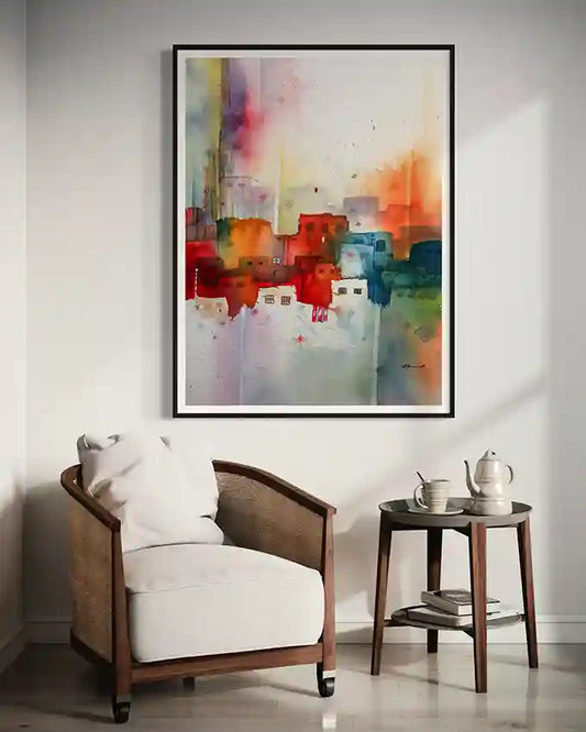 Modern interior with a wooden armchair, side table, and framed art print on the wall. by artist Galal Yousif, in UAE