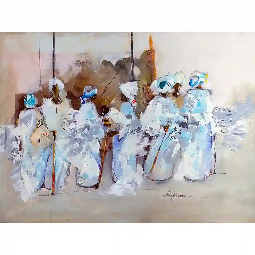 A Friday art print by Abdelmajed Abdel Mahmood - Sudanese men in white robes, traditional Islamic artwork for sale