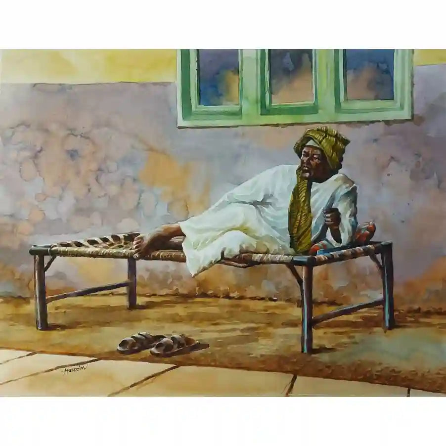 Quiet Moment watercolor painting by Hussein Merghani showing elderly man resting on rope bed in traditional white robes
