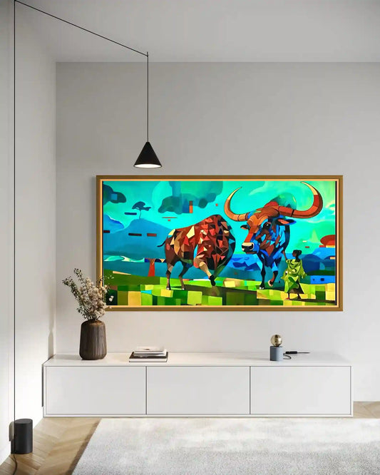 Framed acrylic painting 'Kordofan' by Abdlrhmn Alnoman on modern living room wall with pendant light - wall art mockup