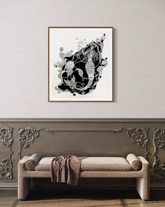 African Mermaid Has A Question 1 by Samir Shareef framed art in elegant entryway above decorative bench interior mockup
