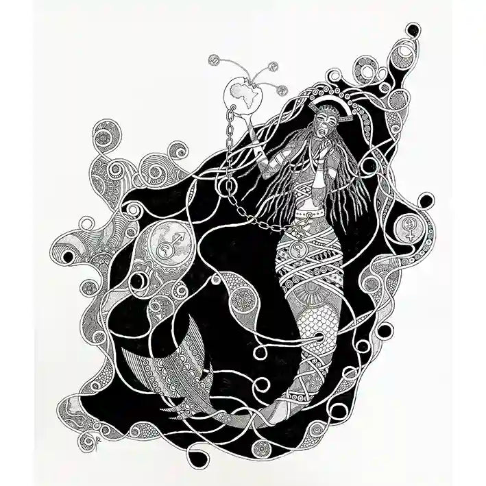 African Mermaid Has A Question 1 black and white intricate line art painting on canvas by Samir Shareef with detailed patterns
