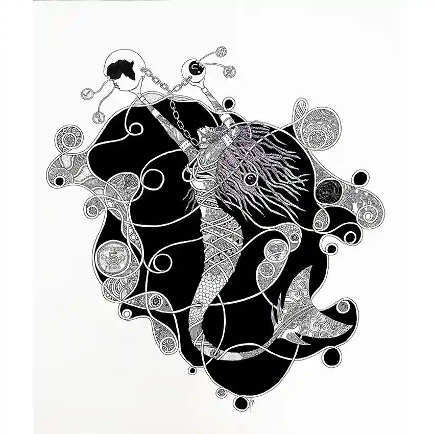 African Mermaid Has A Question 2 black and white line art on canvas by Samir Shareef with intricate patterns and cosmic themes