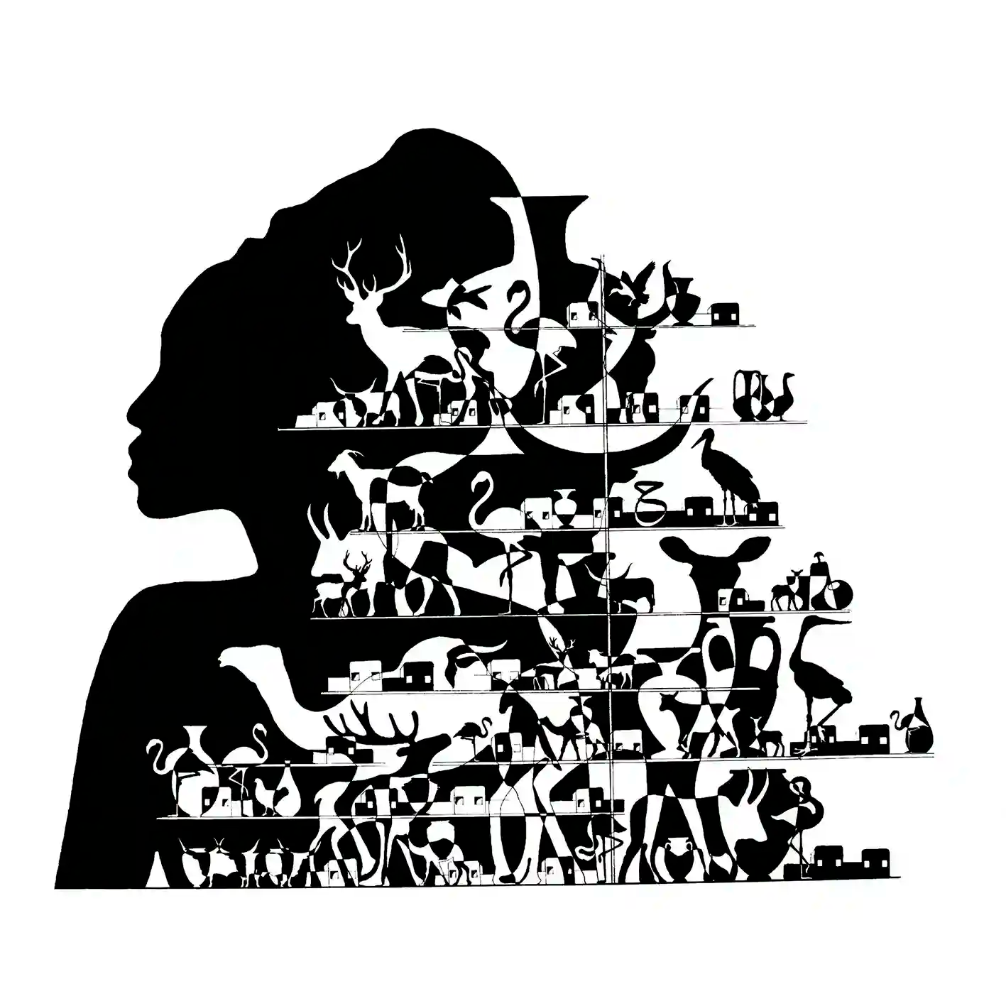 African Queen canvas print by Yousif Ibrahim featuring silhouette art with wildlife and village scenes in black and white