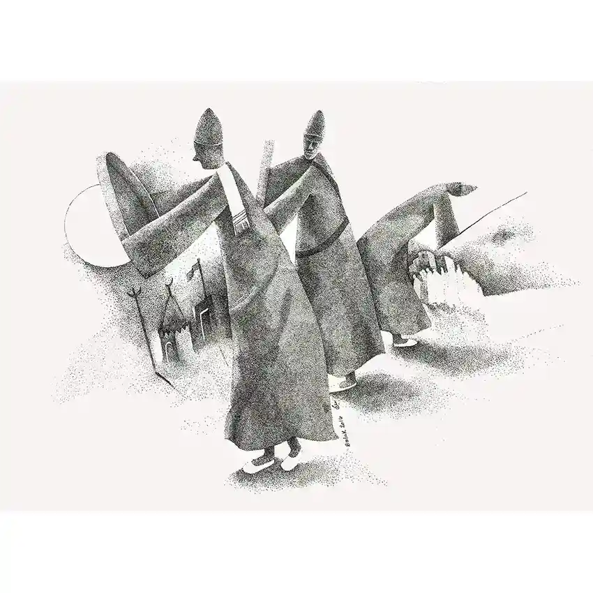 Ascension black and white pointillism art print by Abdelrahman Buluk showing three whirling Sufi dervishes in motion