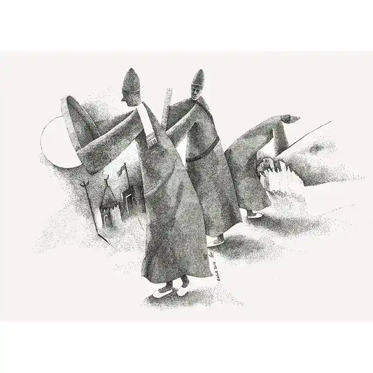 Ascension black and white pointillism art print by Abdelrahman Buluk showing three whirling Sufi dervishes in motion