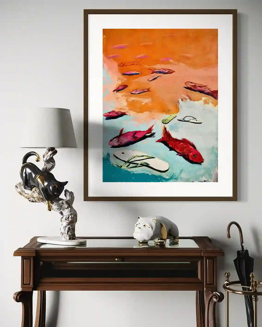 'Coccyx 1' by Bakri Moaz framed art print mockup in modern interior - displacement themed artwork with fish and flip-flops