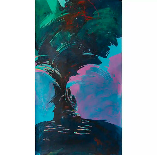 First Light by Bakri Moaz - Abstract art print with blue, teal and magenta colors showing woman under tree with baskets