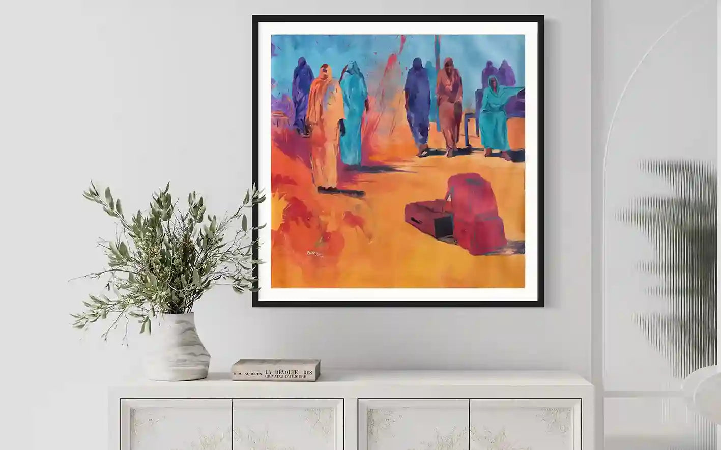 'On The Way Back' by Bakri Moaz framed art print mockup in modern white interior with black frame and minimalist decor