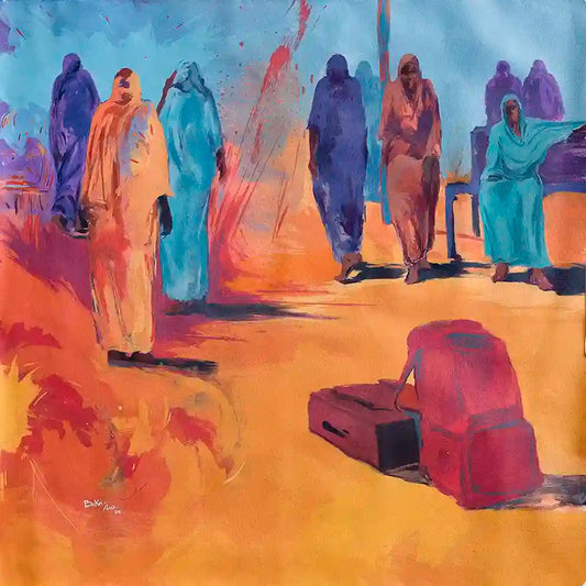 'On The Way Back' by Bakri Moaz - desert art print with robed figures and suitcases exploring themes of journey and displacement