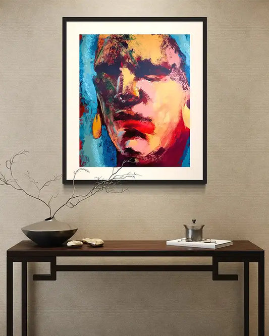 'Portrait 1' by Bakri Moaz framed art print displayed on modern interior wall above console table with minimalist decor