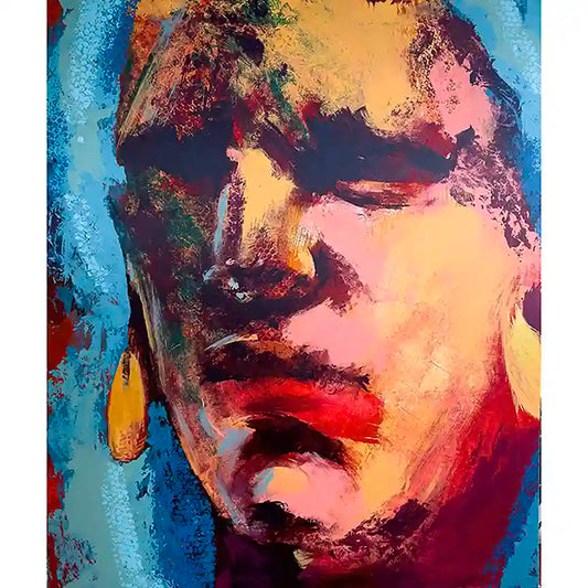 Portrait 1 by Bakri Moaz - vibrant expressionist art print featuring bold brushstrokes in blues, reds & yellows on canvas