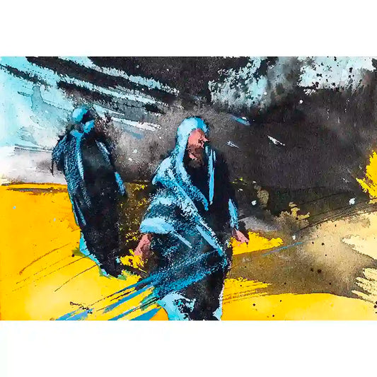 Remnants 1 by Bakri Moaz - mixed media painting of displaced Sudanese women in abstract forms, blue yellow background, art