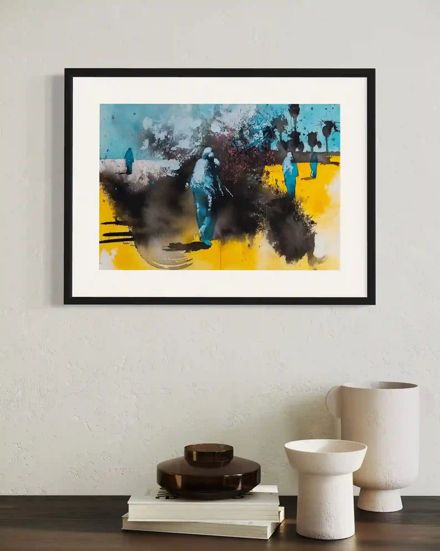 Remnants 3 by Bakri Moaz framed mixed media art displayed above modern ceramic pottery in minimalist home interior