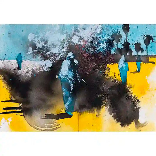 'Remnants 3' by Bakri Moaz - Abstract art print with bold yellow, blue and gray paint in explosive gestural composition