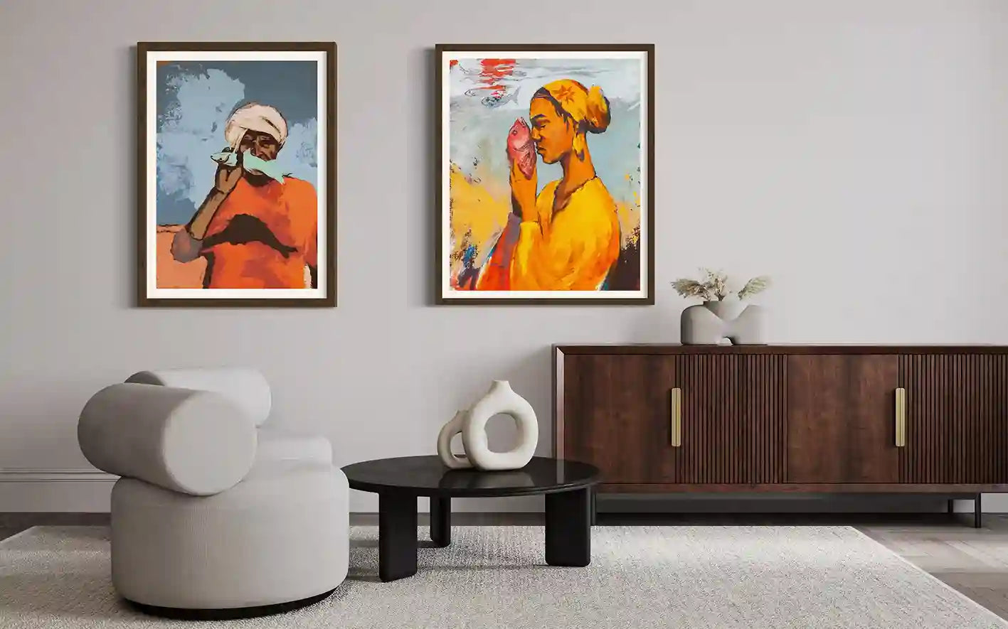 'Starring 2' and 'Starring 3' by Bakri Moaz framed art prints displayed as pair in modern living room with walnut credenza