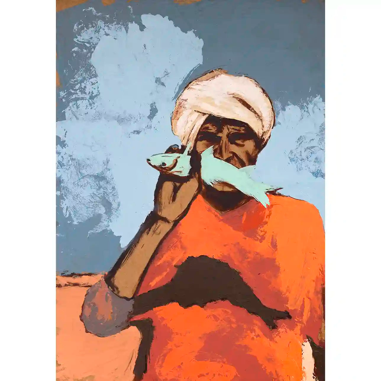 'Starring 2' by Bakri Moaz - fisherman art print with bold orange and blue colors, showing man in turban holding fish