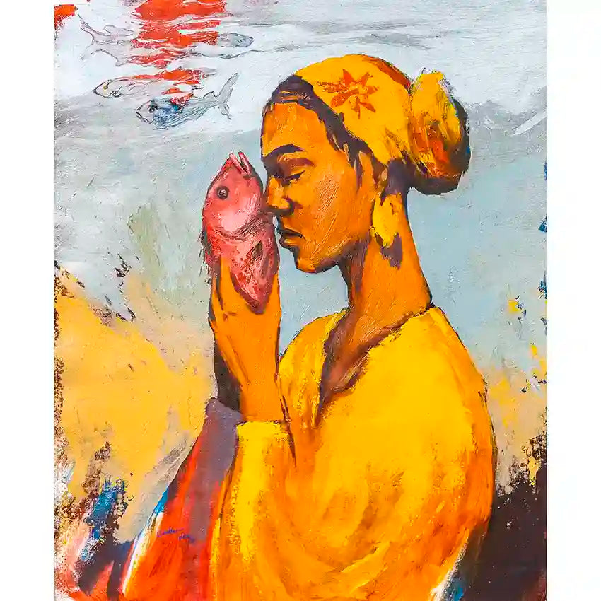 'Starring 3' by Bakri Moaz - woman holding fish art print with golden yellow robes and red fish on textured background