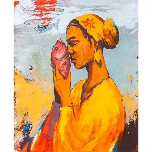 'Starring 3' by Bakri Moaz - woman holding fish art print with golden yellow robes and red fish on textured background
