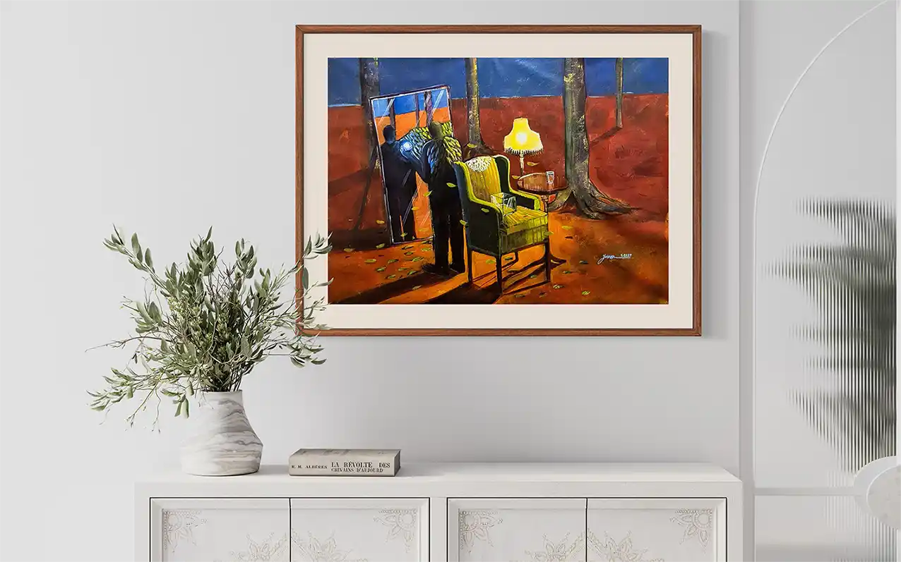 Banned from Heaven by Yasmeen Abdullah framed art above white console with olive branches and books elegant decor