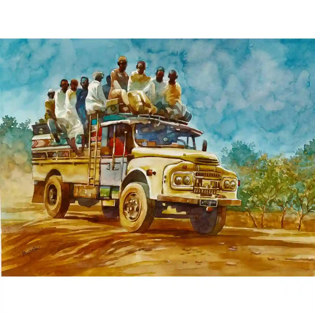 Bedford Express watercolor painting by Hussein Merghani showing truck with passengers on dusty road, original art for sale