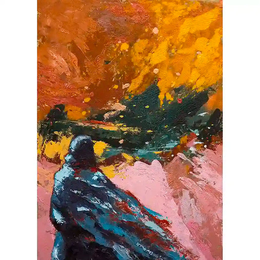 Before They Fade 1 oil on paper by Bakri Moaz showing female figure against abstract background depicting war displacement