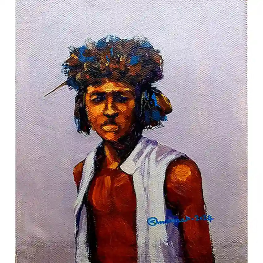 Beja 1 acrylic portrait by Osman Adam showing Sudanese Beja tribesman frontal view with colorful hair on canvas painting