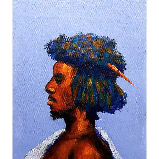 Beja 2 acrylic portrait by Osman Adam showing Sudanese Beja tribesman profile with vibrant hair on canvas painting