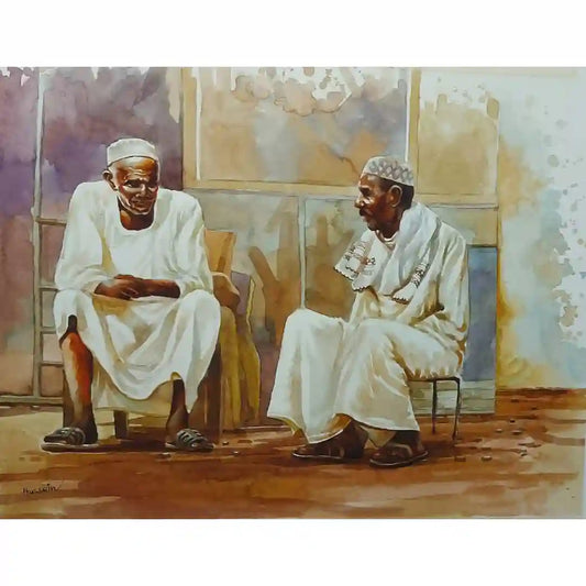 Between Old Friends watercolor painting by Hussein Merghani showing two elderly Sudanese men in white robes conversing
