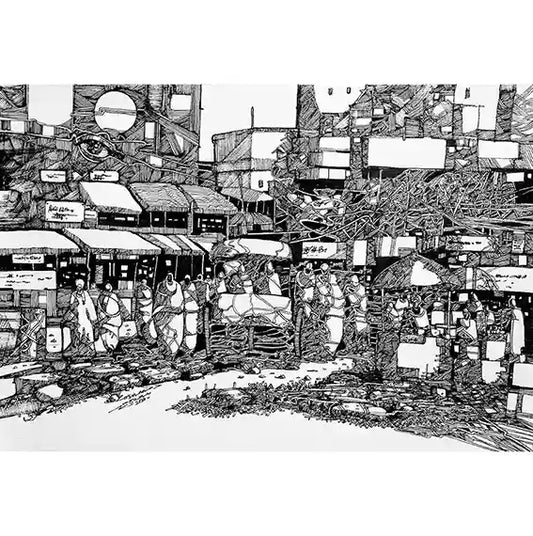 Black and white pen and ink drawing by Osman Gouma showing dense urban settlement with makeshift buildings and people