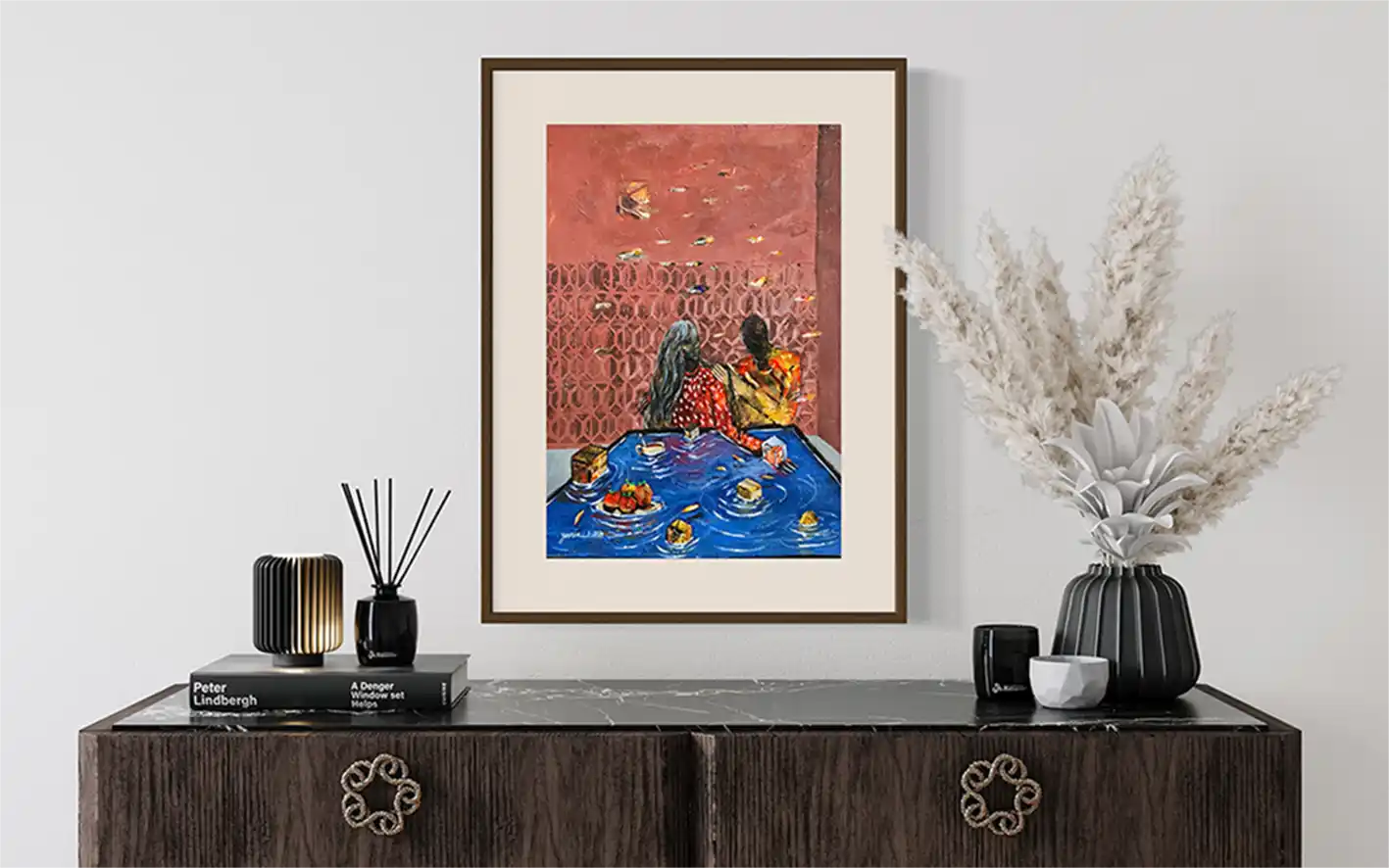 Beyond Distant Autumn by Yasmeen Abdullah framed art on console with books candles dried flowers elegant home decor