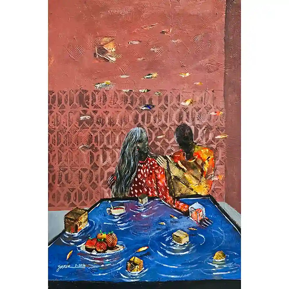 Beyond Distant Autumn by Yasmeen Abdullah acrylic two figures with long hair at blue table geometric pink pattern wall