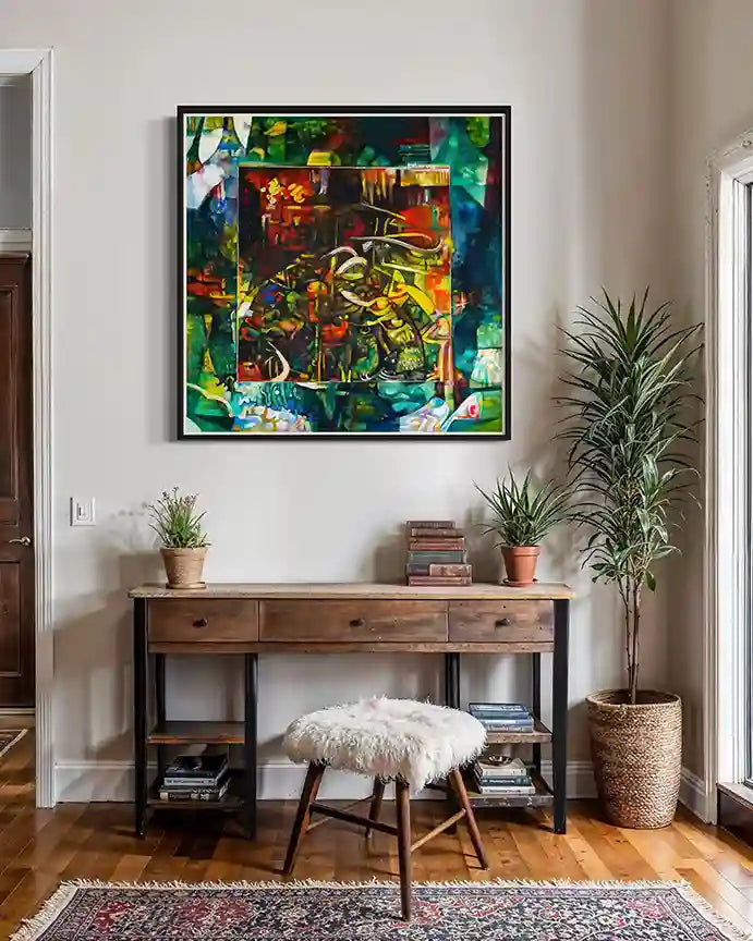 Big Brother art print by Hatim Kuku displayed in black frame above wooden console in modern home interior with plants