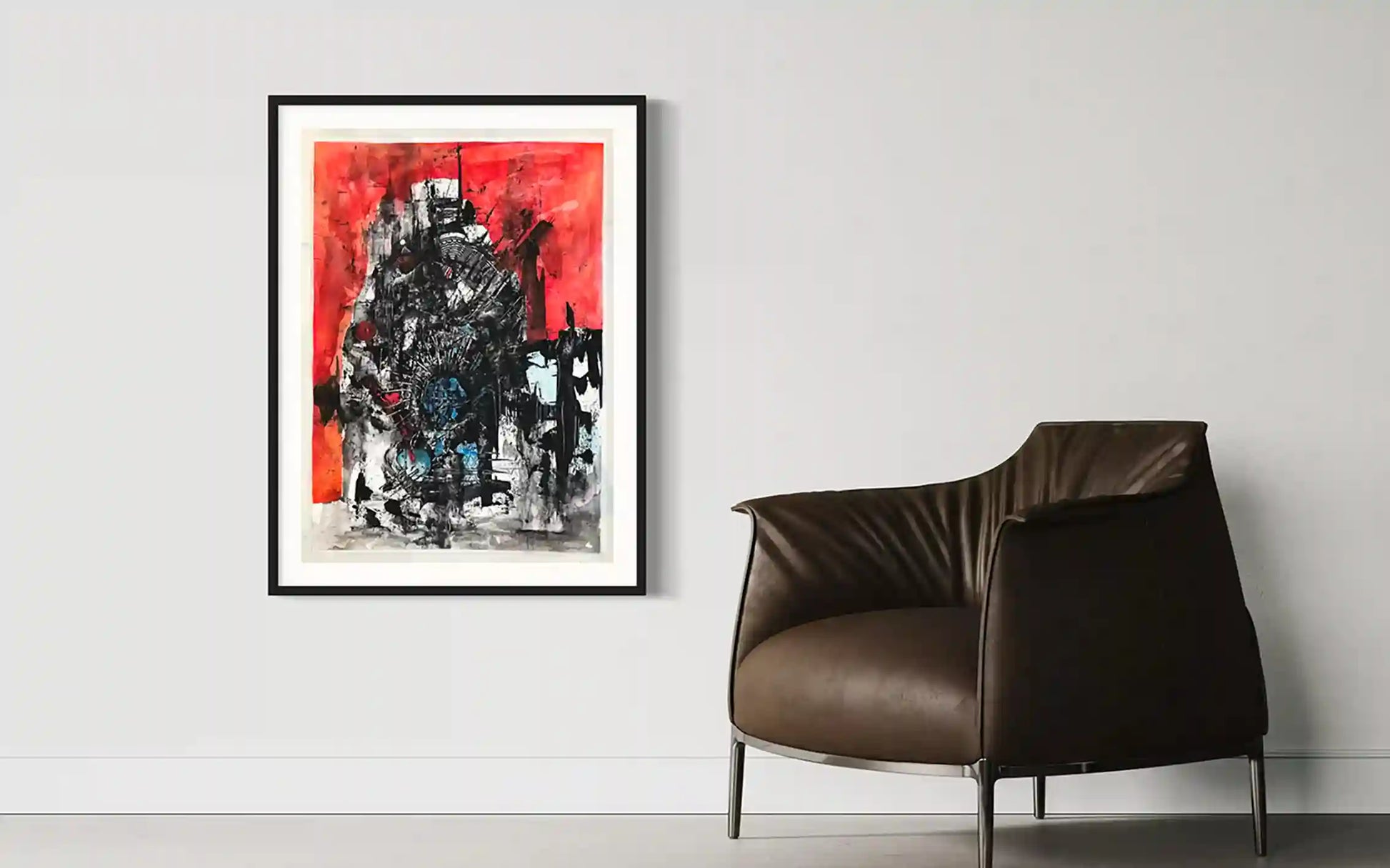 Blood & Diamond painting by Samir Shareef in black frame on gray wall beside brown leather chair interior mockup