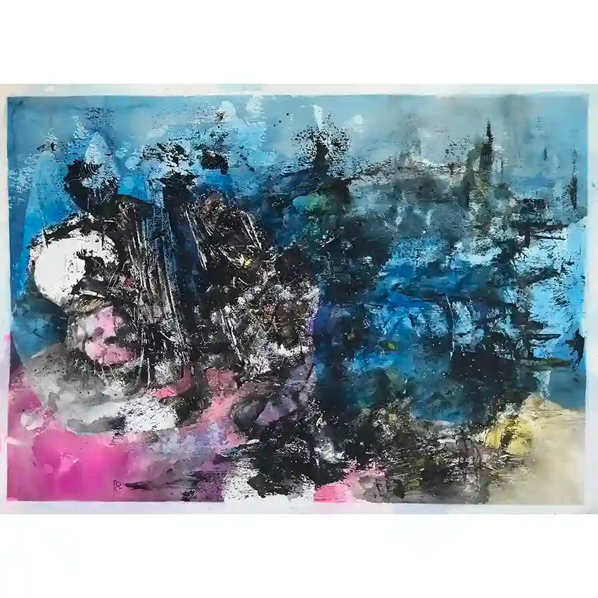 Blue Band Blue Beach abstract acrylic painting by Samir Shareef with vibrant blues and expressive brushwork on paper