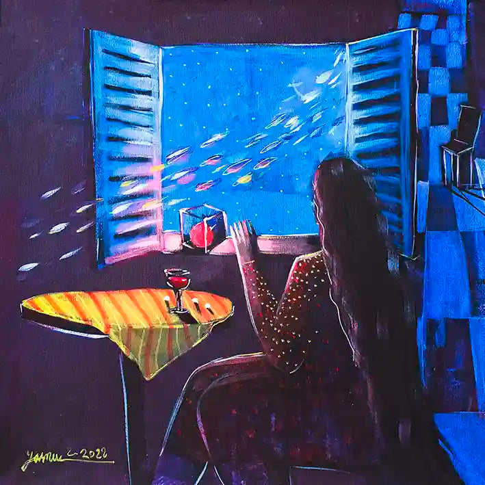 Blue Dawn art print by Yasmeen Abdullah showing woman at window watching shooting stars with wine glass on table
