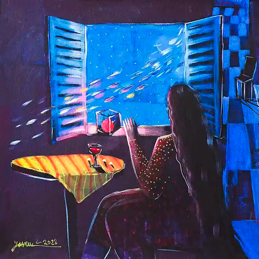 Blue Dawn art print by Yasmeen Abdullah showing woman at window watching shooting stars with wine glass on table