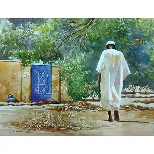 The Blue Door watercolor painting by Hussein Merghani showing Sudanese man in white robes walking past blue geometric door