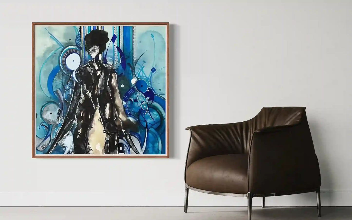 Blue Soul by Mohamed Wraag mixed media art in minimalist interior with wooden frame and contemporary brown leather chair