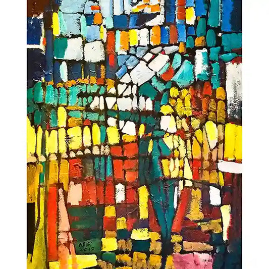 Abstract mosaic art print by Abdelmageed Afifi showing female figure composed of colorful geometric fragments and tiles