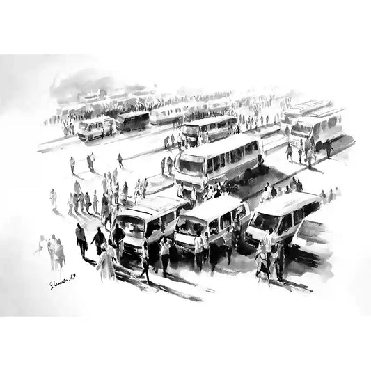 ink wash illustration showing crowded bus station with multiple buses and passengers, painted in fluid atmospheric