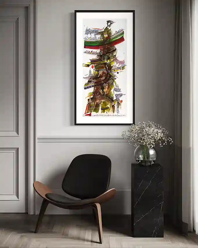The Calligrapher's Muse 5 art print  displayed in modern interior with black chair and marble pedestal by Waleed Warag