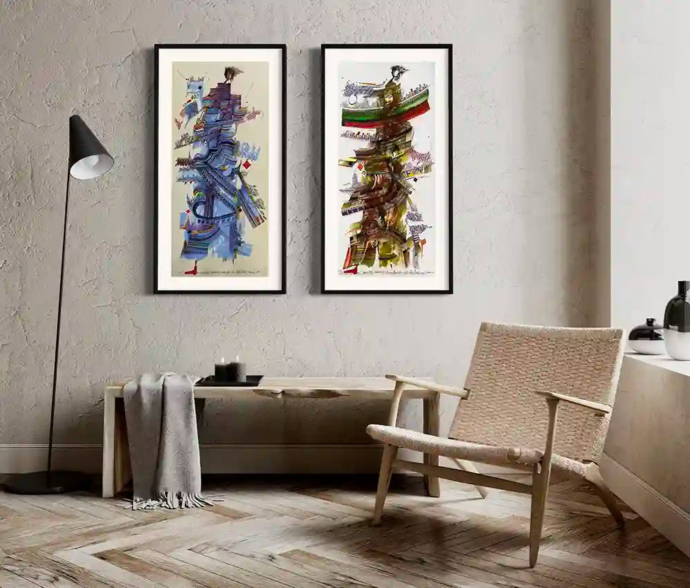 Two Calligrapher's Muse art prints displayed in minimalist living room with woven chair, wooden bench and textured wall