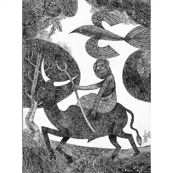 Art print "Carved In Ink" by Tariq Nasre showing detailed pen and ink drawing of rider on bull through intricate patterned landscape