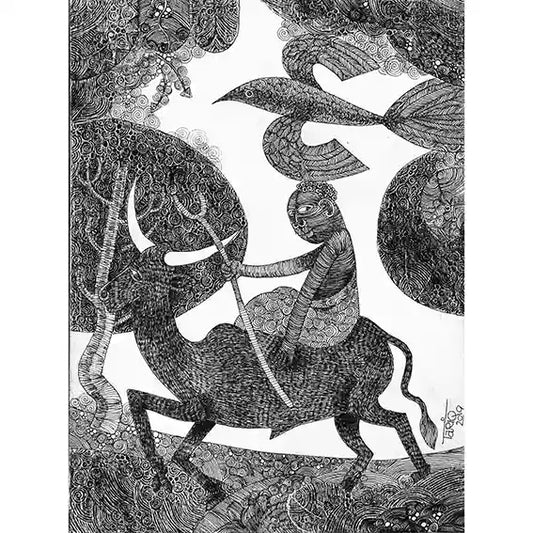 Art print "Carved In Ink" by Tariq Nasre showing detailed pen and ink drawing of rider on bull through intricate patterned landscape